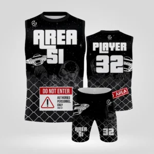 Custom Area 51 7v7 flag football jersey and shorts set front view