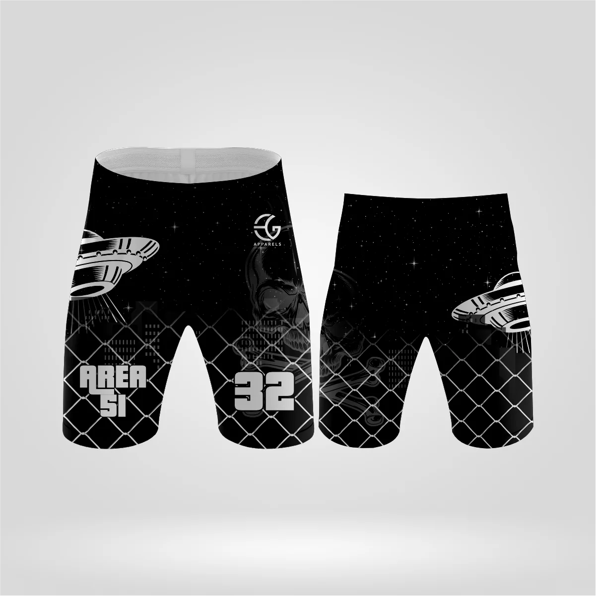 area 51 3 Custom sublimated 7v7 flag football shorts with Area 51 design