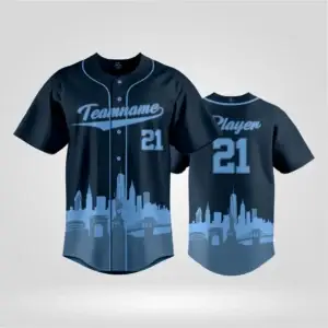 Navy custom baseball jersey with New York City skyline design