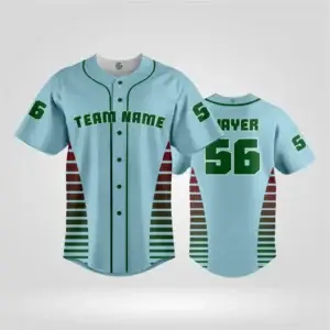 Sky blue baseball jersey with red and green fade side stripes