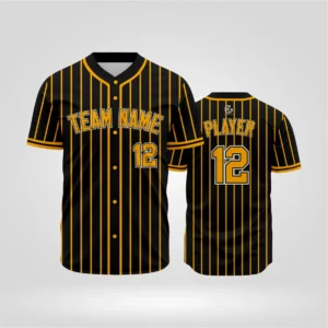 Custom pinstripe baseball jersey front and back in black and gold