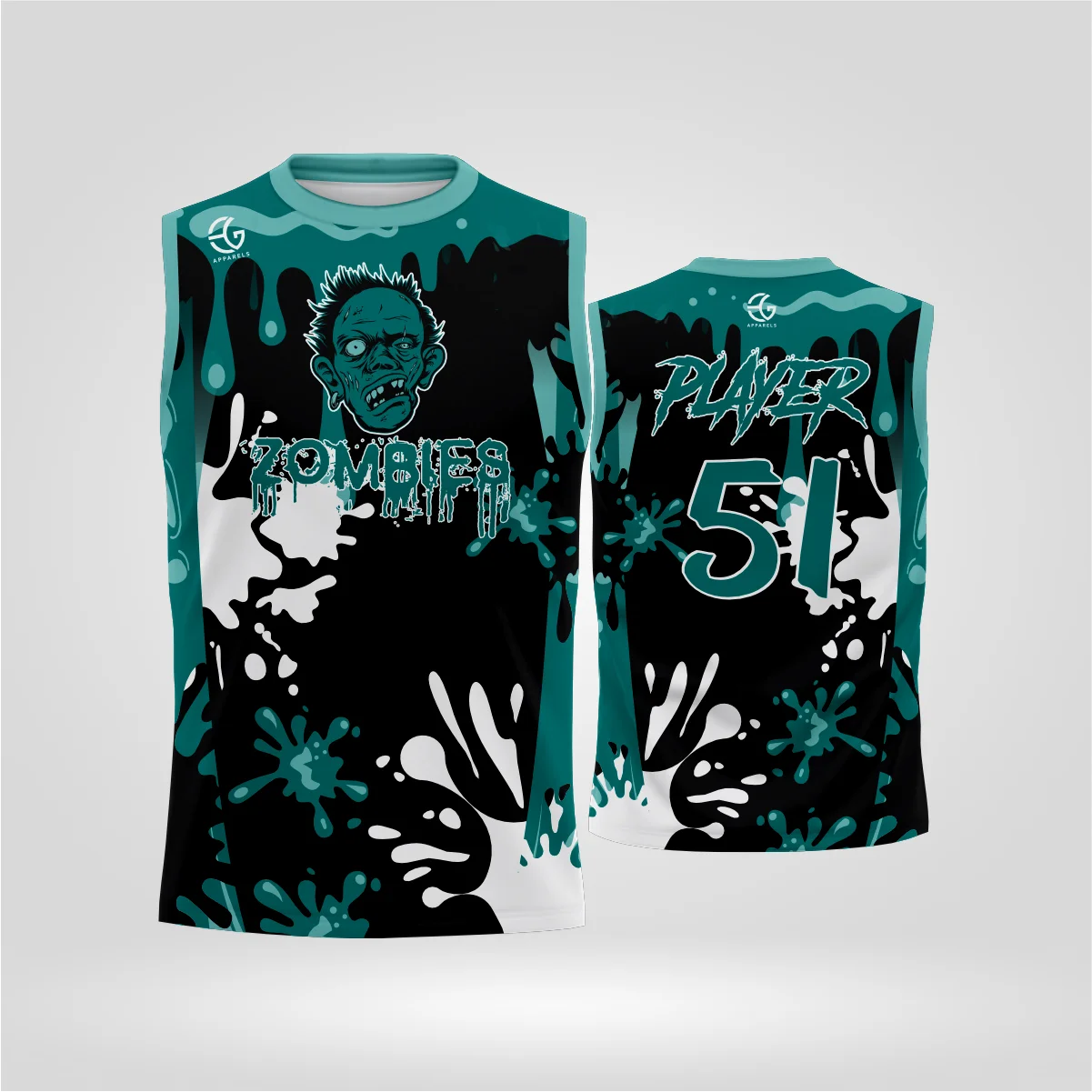 zombies 2 Custom 7v7 shorts with zombie graphic and splatter pattern, number 51