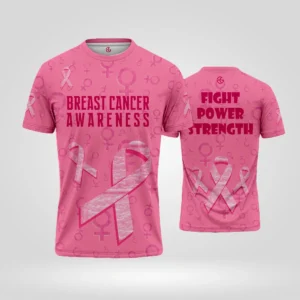 Pink breast cancer awareness shirt front with ribbon and female symbol pattern