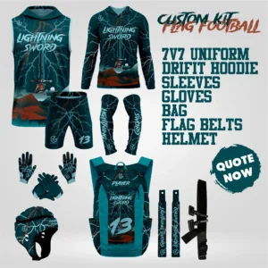 Lightning Sword custom flag football kit with 7v7 uniform, hoodie, sleeves, gloves, bag, flag belts and headgear
